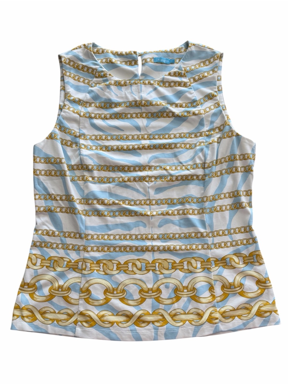 J. McLaughlin Sleeveless Chain-Print Top in Light Blue and Gold